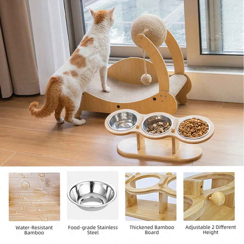 Cat 3 Bowls in 1 Feeder Feeding & Watering Supplies Food Bowl 15-Degree Tilt Raised Puppy 3 Stainless Steel Bowls Wood Brackets